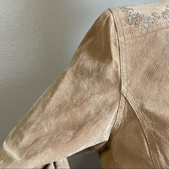Brandon Thomas Tan Leather Jacket Cutout Turquoise Design Beaded Detail Medium - Picture 6 of 16